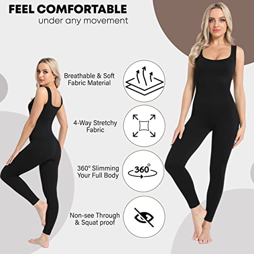 Sleeveless Ribbed Square Neck Jumpsuits for Women Tummy Control | One-Piece Shapewear Workout Rompers (Small)
