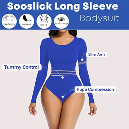 Soo slick Bodysuit for Women Fall Clothes for Women 2024 - Body Shaper Long Sleeve Crew Neck Thong Body Shaping Tops