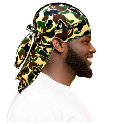 Durags for Men Women Comouflage Silk Durag Designer DuRag with Long Tail Waves du Rags Satin durag Designer durags camo Women Headwrap
