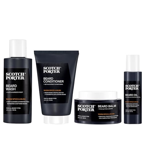 Scotch Porter Beard Kit – Cleanse, Moisturize, Soothe & Style Coarse, Dry Facial Hair while Encouraging Growth for a Fuller/Healthier-Looking Beard – Includes Wash, Conditioner, Oil & Balm