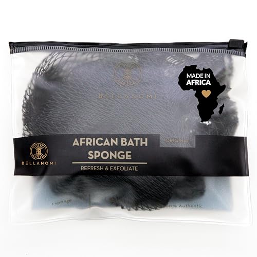 BELLANOMI African Exfoliating Net Sponge, Authentic, Ethically sourced from Nigeria, 45 inches Long, Back Scrubber for Daily use (Black)