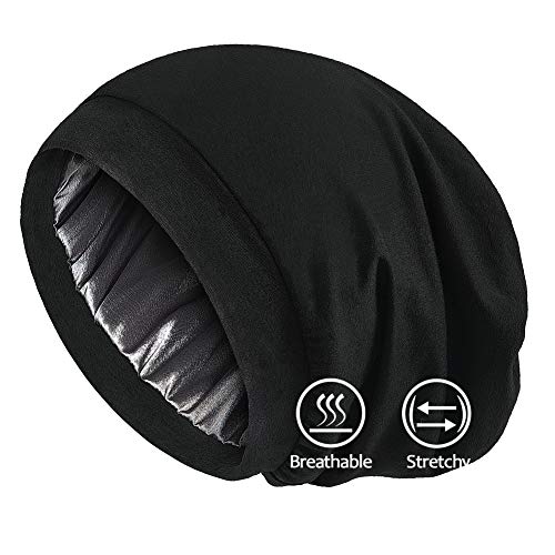 Alnorm Cozy Satin Lined Slouchy Beanie Cap with Soft Elastic Band for Women Black