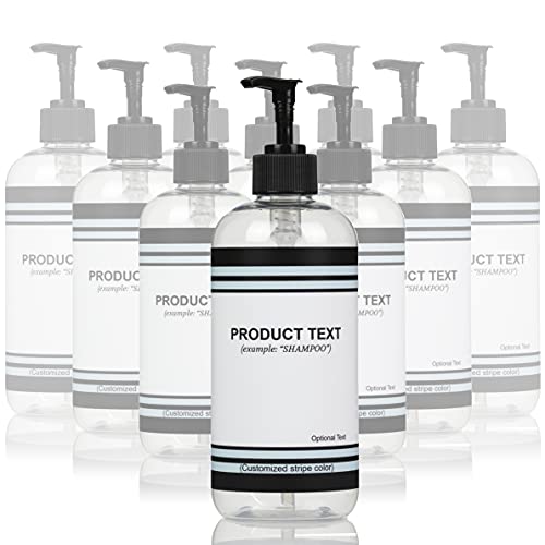 Artanis Home 10-Pack Customized PET Plastic Refillable Pump Bottles with Minimalist Stripe Design Waterproof Labels and Black Pumps, Clear
