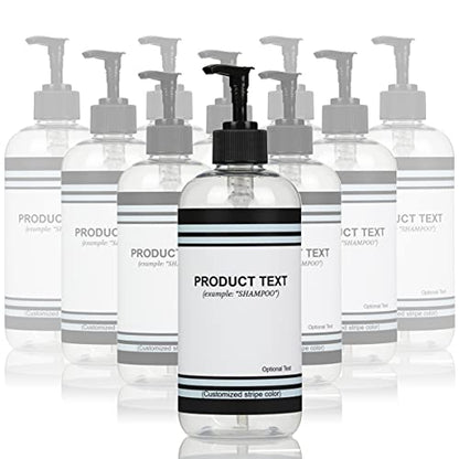 Artanis Home 10-Pack Customized PET Plastic Refillable Pump Bottles with Minimalist Stripe Design Waterproof Labels and Black Pumps, Clear