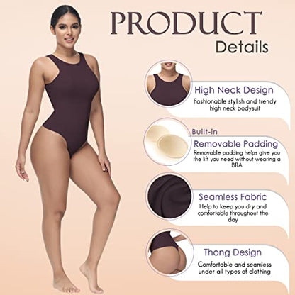 Soo slick Shapewear Bodysuit for Women Tummy Control Tops High Neck Sleeveless Bodysuit Thong Sculpting with Removable Padding Body Shaper (Brown X-Small)