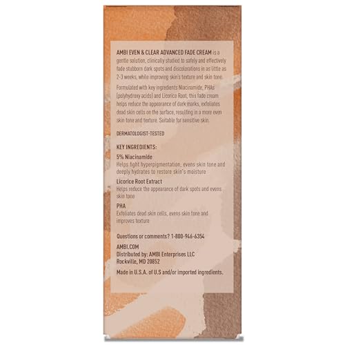 Ambi Even & Clear Advanced Fade Cream, Hydroquinone-free, Hyperpigmentation Treatment, Stubborn Dark Spot Corrector, Results In As Little As 2-3 Weeks, Niacinamide, Licorice Root Extract, PHA, 1 Fl Oz