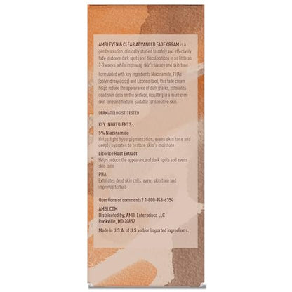 Ambi Even & Clear Advanced Fade Cream, Hydroquinone-free, Hyperpigmentation Treatment, Stubborn Dark Spot Corrector, Results In As Little As 2-3 Weeks, Niacinamide, Licorice Root Extract, PHA, 1 Fl Oz
