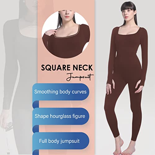 Soo slick Jumpsuits for Women Tummy Control- Long Sleeve Sculpting Full Bodysuit | Square Neck Ribbed One Piece Dupes Brown Medium