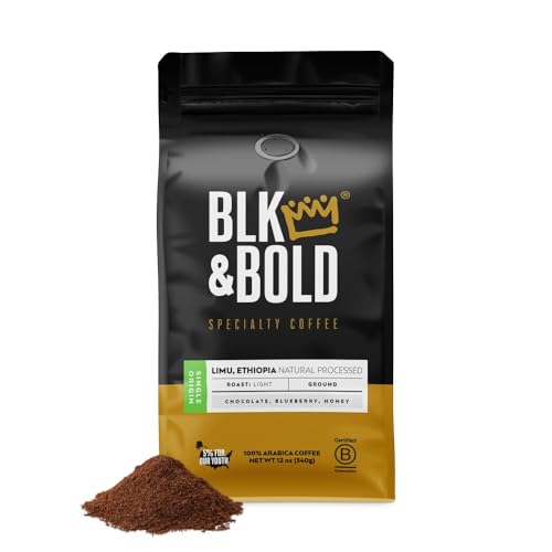 BLK & Bold Ground Coffee, Limu Ethiopia Single Origin Premium Light Roast, Natural Processed, 100% Arabica Beans, 12 oz Bag