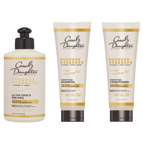 Carol's Daughter Goddess Strength Curly Hair Care Bundle – Pre Poo, Sulfate Free Shampoo, and Paraben Free Conditioner; Made with Castor Oil and Black Seed Oil for Natural Hair to Support Breakage