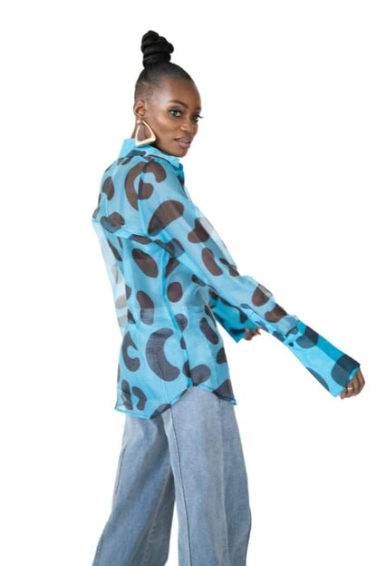 Pantora Women's Latisha Organza Button Up, Blue Leopard, Medium