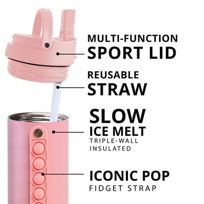 Elemental Iconic Kids Water Bottle with Straw Lid & Stress Reliever Pop It Handle, Leak-Proof When Closed, Triple Insulated Stainless Steel Reusable Thermos Water Bottle, 20oz - Rose