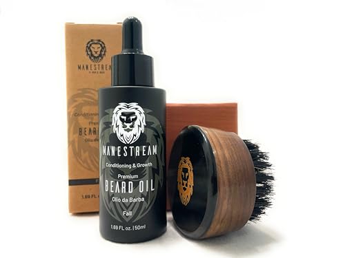Premium Handmade Round Oxhorn Medium Stiff Natural Boar Bristle Men’s Travel Beard and Hair Care Brush with Beard Oil - Sandalwood