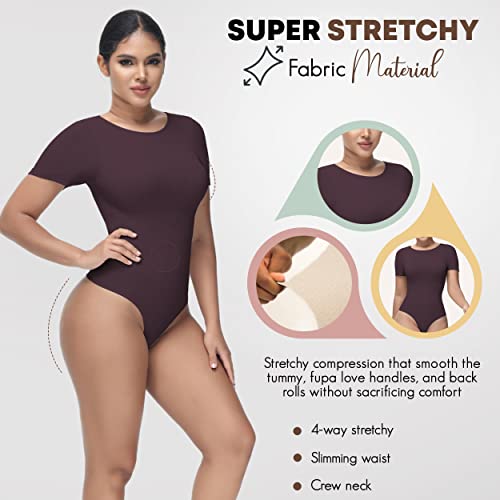 Soo slick Shapewear Bodysuit for Women Tummy Control Tops Crew Neck Short Sleeve Thong Sculpting Clothing with Removable Padding and Straps (Brown Small)