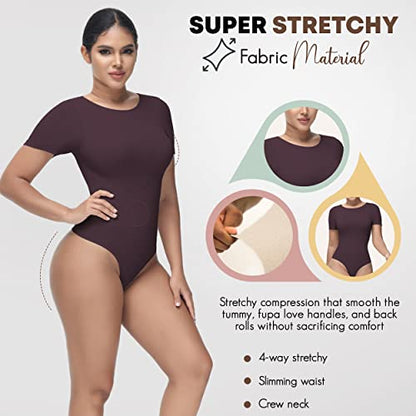 Soo slick Shapewear Bodysuit for Women Tummy Control Tops Crew Neck Short Sleeve Thong Sculpting Clothing with Removable Padding and Straps (Brown Small)