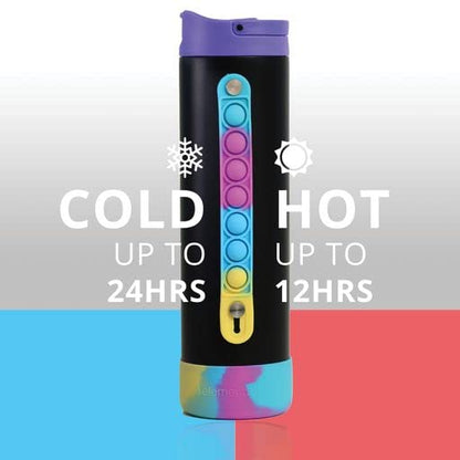 Elemental Iconic Kids Water Bottle with Straw Lid & Stress Reliever Pop It Handle, Leak-Proof When Closed, Triple Insulated Stainless Steel Reusable Thermos Water Bottle, 20oz - Black Tie Dye