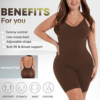 Shapewear Bodysuit for Women - Tummy Control Butt Lifter Open Back Mid Thigh Seamless Full Body Shaper Women's Shaping Tops Brown