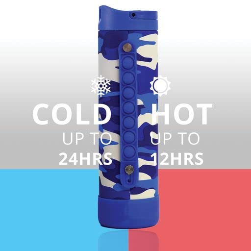 Elemental Iconic Kids Water Bottle with Straw Lid & Stress Reliever Pop It Handle, Leak-Proof When Closed, Triple Insulated Stainless Steel Reusable Thermos Water Bottle, 20oz - Blue Camo
