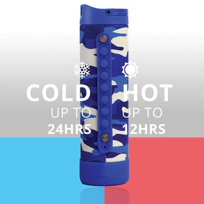 Elemental Iconic Kids Water Bottle with Straw Lid & Stress Reliever Pop It Handle, Leak-Proof When Closed, Triple Insulated Stainless Steel Reusable Thermos Water Bottle, 20oz - Blue Camo