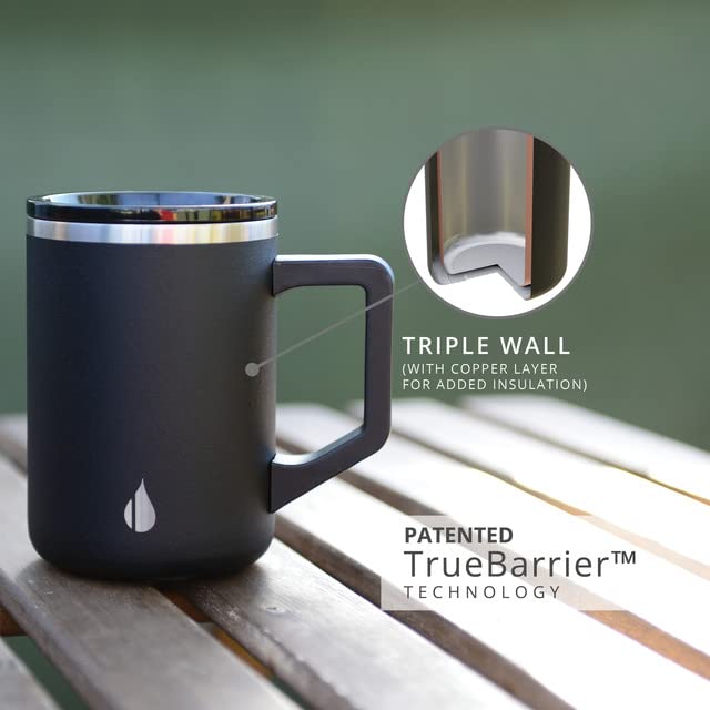 Elemental Insulated Coffee Mug - Triple-Wall Stainless Steel Summit Travel Cup for Hot and Cold Drinks - Thermal Coffee Mug with Lid and Handle for Camping, Office & Travel 16oz - Black