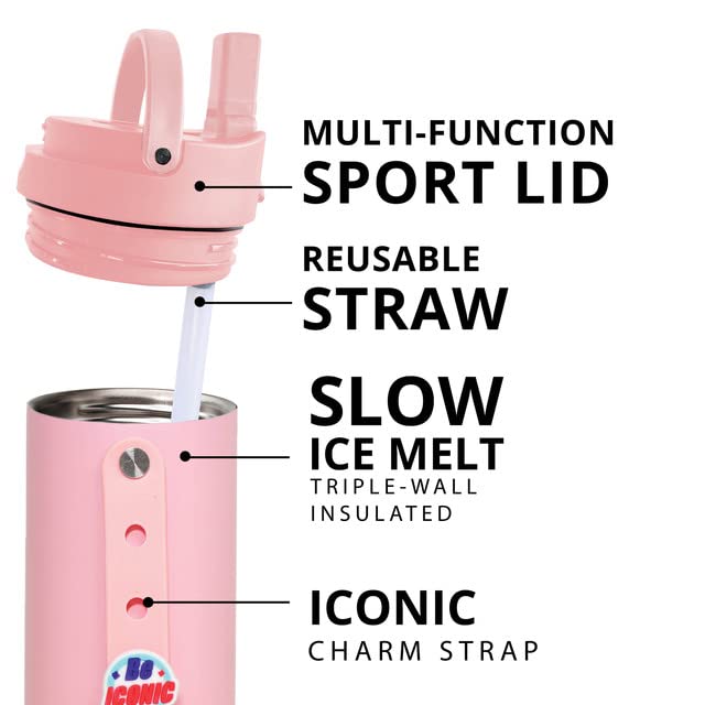 Elemental Iconic Kids Water Bottle with Straw Lid & Charms Strap, Leak-Proof When Closed, Triple Insulated Stainless Steel Reusable Thermos Water Bottle - 20oz, Rose