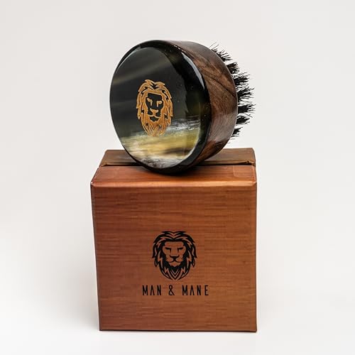 Premium Handmade Round Oxhorn Medium Stiff Natural Boar Bristle Men’s Travel Beard and Hair Care Brush with Beard Oil - Sandalwood