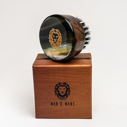 Premium Handmade Round Oxhorn Medium Stiff Natural Boar Bristle Men’s Travel Beard and Hair Care Brush with Beard Oil - Sandalwood