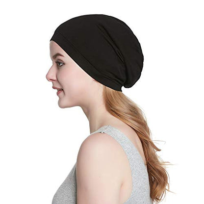 Alnorm Cozy Satin Lined Slouchy Beanie Cap with Soft Elastic Band for Women Black