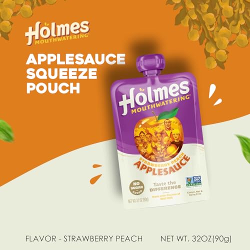 Holmes Mouthwatering Applesauce, Applesauce Squeeze Pouch, Organic Strawberry Applesauce Pouches with Real Chunks of Fruit, No Artificial Flavors Fruit Snack (Strawberry Peach, 12 Pack of 3.2 oz)