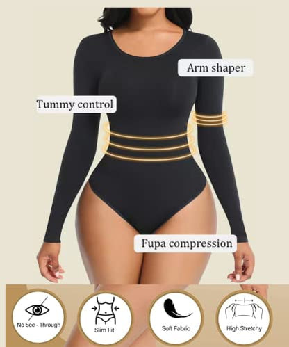 Seamless Shapewear Bodysuit for Women - Fits Everybody Long Sleeve Crew Neck bodyshaper Thong Body Shaping Sculpting Top