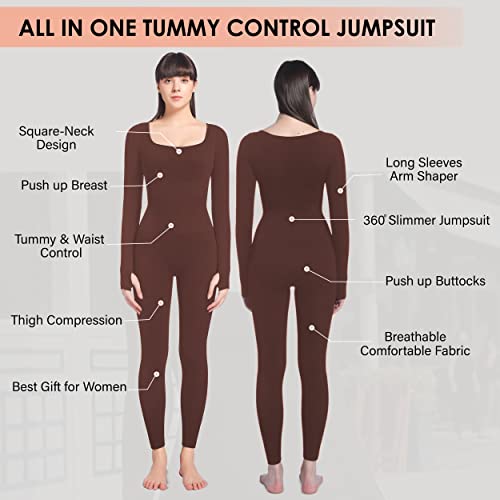Soo slick Jumpsuits for Women Tummy Control- Long Sleeve Sculpting Full Bodysuit | Square Neck Ribbed One Piece Dupes Brown Medium