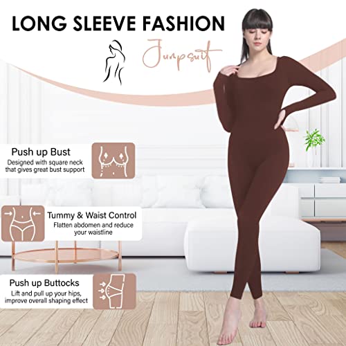 Soo slick Jumpsuits for Women Tummy Control- Long Sleeve Sculpting Full Bodysuit | Square Neck Ribbed One Piece Dupes Brown Medium