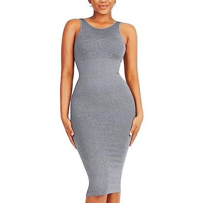 Dresses for Women 2023 Tummy Control Shapewear I Midi Sleeveless high Neck Sculpting Dress Body Shaper Gray