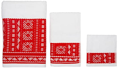 Eclipse Home OBI-Carmine Red Bathroom Towel Set - Pure Cotton Bath Towels - Soft, Fluffy Super Absorbent Cloths for Shower, Beach, Kitchen - African Mud Cloth Patterned - Set of 3 Luxury Washcloths