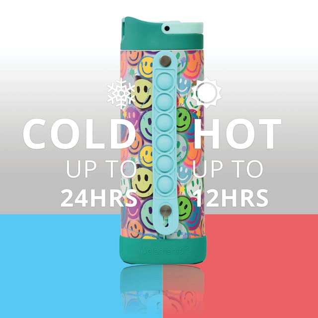 Elemental Iconic Kids Water Bottle with Straw Lid & Stress Relief Pop It Handle, Leak-Proof When Closed, Triple Insulated Kids Stainless Steel Water Bottle For Girls and Boys, 14oz -Graffiti Smile