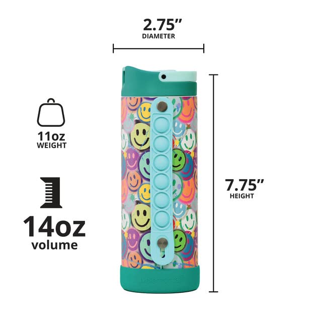 Elemental Iconic Kids Water Bottle with Straw Lid & Stress Relief Pop It Handle, Leak-Proof When Closed, Triple Insulated Kids Stainless Steel Water Bottle For Girls and Boys, 14oz -Graffiti Smile
