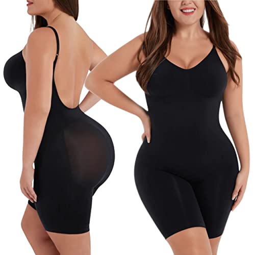 Shapewear Bodysuit for Women - Tummy Control Butt Lifter Open Back Mid Thigh Seamless Full Body Shaper Women's Shaping Tops Black