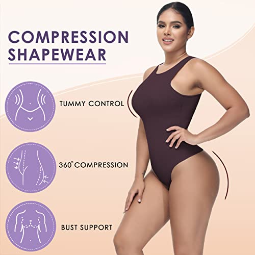 Soo slick Shapewear Bodysuit for Women Tummy Control Tops High Neck Sleeveless Bodysuit Thong Sculpting with Removable Padding Body Shaper (Brown X-Small)