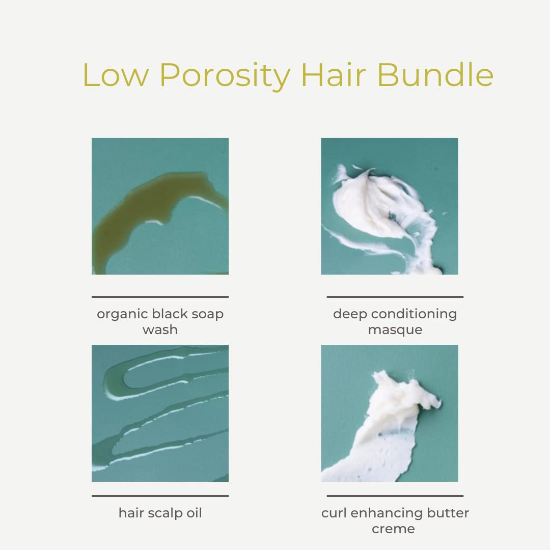 Alodia Low Porosity Hair Bundle, Includes 8 oz Healthy Hair and Scalp Oil, 8 oz Organic Black Soap Wash, 12 oz Deep Conditioning Masque, 8 oz Butter Crème