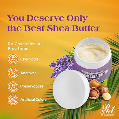 RA COSMETICS Whipped Shea Butter Lavender - 100% Pure and Natural African Shea Butter - Ultimate Handcrafted Moisturizer with Essential Vitamins for Radiant Skin and Luscious Hair - 12oz Jar