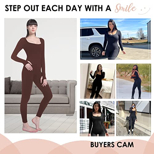 Soo slick Jumpsuits for Women Tummy Control- Long Sleeve Sculpting Full Bodysuit | Square Neck Ribbed One Piece Dupes Brown Medium