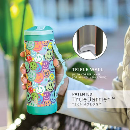 Elemental Iconic Kids Water Bottle with Straw Lid & Stress Relief Pop It Handle, Leak-Proof When Closed, Triple Insulated Kids Stainless Steel Water Bottle For Girls and Boys, 14oz -Graffiti Smile
