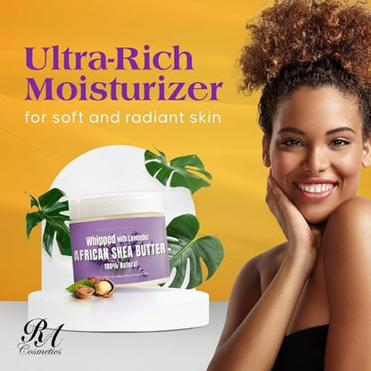 RA COSMETICS Whipped Shea Butter Lavender - 100% Pure and Natural African Shea Butter - Ultimate Handcrafted Moisturizer with Essential Vitamins for Radiant Skin and Luscious Hair - 12oz Jar