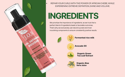 J' Organic Solutions Curl Defining Mousse with Avocado oil, Rice Protein & Pro-Vitamin B5 (medium hold) enjoy frizz free curls definition with shine, bounce and volume