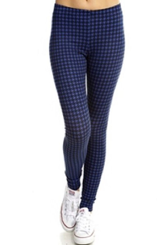 2Chique Boutique Women's Black and Blue Hounds Tooth Print Leggings (Medium)