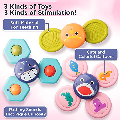 KayLe Spinning Top Sensory Toys for Toddlers - Suction Cup Baby Sensory Toy with Rattle - Bath Time & Playtime Fun -Ocean Animal Designs - Safe & Engaging Baby Toys