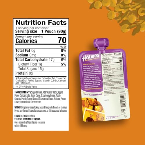 Holmes Mouthwatering Applesauce, Applesauce Squeeze Pouch, Organic Strawberry Applesauce Pouches with Real Chunks of Fruit, No Artificial Flavors Fruit Snack (Strawberry Peach, 12 Pack of 3.2 oz)