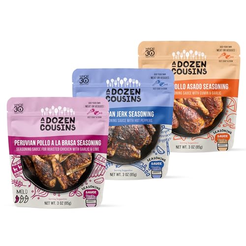 A Dozen Cousins Entrée Seasoning Sauce - Coat and Cook, for Chicken Seasoning, BBQ, Protein, Marinade & More - 6 Count Variety Pack - Jamaican Jerk, Peruvian Pollo, Mexican Pollo Asado