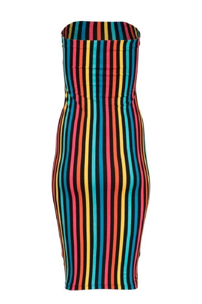 2Chique Boutique Women's Printed Tube Midi Length Dress (Small, Multicolor Stripe)