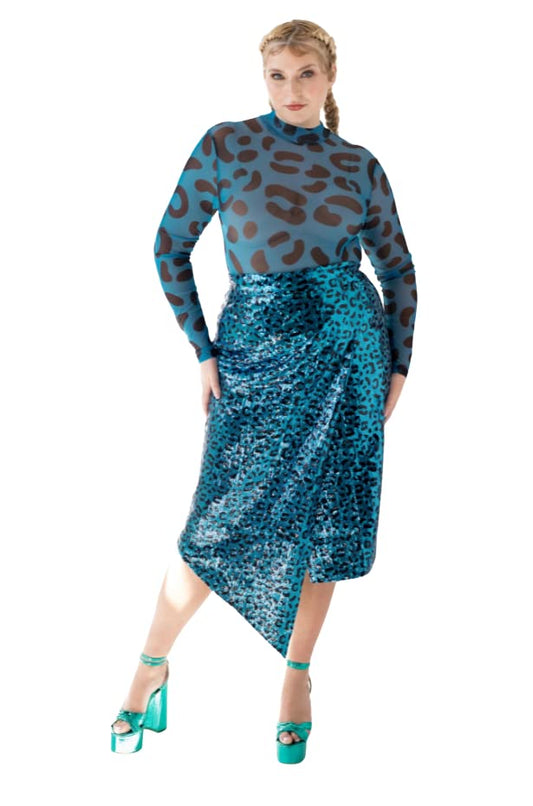 Pantora Women's Cavi Sequin Wrap Skirt, Blue Leopard, Medium